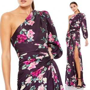 Ieena Mac Duggal Plum Floral Print One Sleeve Gown